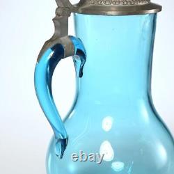 Antique 1885 Blue Blown Glass Water Pitcher Jug, Avec Pewter Lid, 10