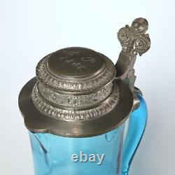 Antique 1885 Blue Blown Glass Water Pitcher Jug, Avec Pewter Lid, 10