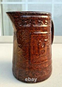 Antique Brown Indian Stoneware Swastika Bonne Chance Lait D'eau Jug Pitcher
