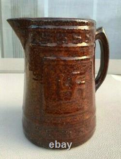 Antique Brown Indian Stoneware Swastika Bonne Chance Lait D'eau Jug Pitcher