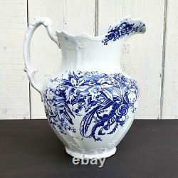 Antique Grand Orchid Floral Transferware Ironstone Vintage Jug Water Pitcher