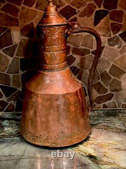 Antique Pitcher Primitive Water Jug Brass & Hammered Copper-very Old 14,5 Tall