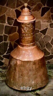 Antique Pitcher Primitive Water Jug Brass & Hammered Copper-very Old 14,5 Tall