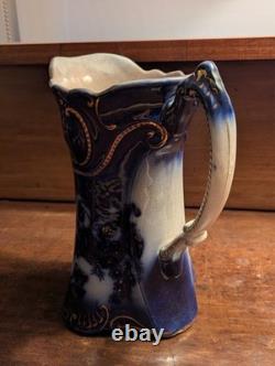 Antique Vtg BRUN & STEVENTON BURSLEM ANGLETERRE Flow Blue 9 Pichet Jatte PANSY