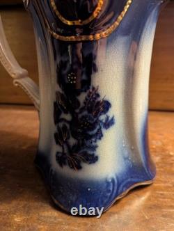 Antique Vtg BRUN & STEVENTON BURSLEM ANGLETERRE Flow Blue 9 Pichet Jatte PANSY