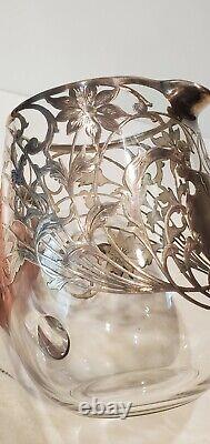 Art Nouveau Argent Sterling Overlay Floral Glass Water Pitcher Jug Decanter