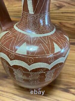 Art populaire en terre cuite mexicaine de Tonala, poterie peinte à la main Vtg 13 Pitcher Jug BIG