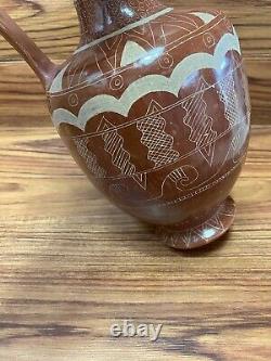 Art populaire en terre cuite mexicaine de Tonala, poterie peinte à la main Vtg 13 Pitcher Jug BIG