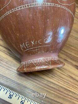 Art populaire en terre cuite mexicaine de Tonala, poterie peinte à la main Vtg 13 Pitcher Jug BIG