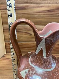 Art populaire en terre cuite mexicaine de Tonala, poterie peinte à la main Vtg 13 Pitcher Jug BIG