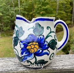 Carafe à eau en céramique espagnole Vtg Espagne peinte à la main avec des fleurs et des oiseaux