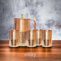 Carafe à eau en cuivre pur à 100% avec 1 pichet et 4 verres en cuivre pour la table de famille