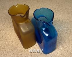 Carafe à eau en verre Blenko bleue / ambre givré à double bec