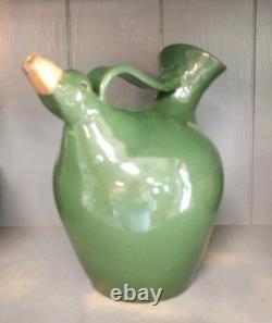 Carafe en poterie de Jack T. Maness, tête de canard verte, pichet figuratif d'eau, art folklorique de Caroline du Nord