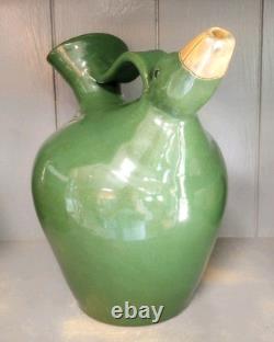 Carafe en poterie de Jack T. Maness, tête de canard verte, pichet figuratif d'eau, art folklorique de Caroline du Nord