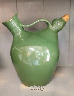 Carafe en poterie de Jack T. Maness, tête de canard verte, pichet figuratif d'eau, art folklorique de Caroline du Nord