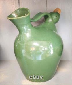 Carafe en poterie de Jack T. Maness, tête de canard verte, pichet figuratif d'eau, art folklorique de Caroline du Nord