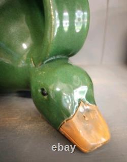 Carafe en poterie de Jack T. Maness, tête de canard verte, pichet figuratif d'eau, art folklorique de Caroline du Nord