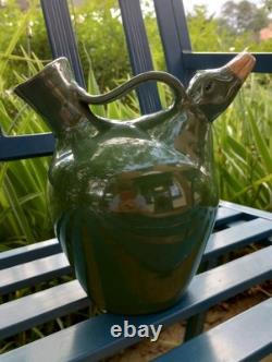 Carafe en poterie de Jack T. Maness, tête de canard verte, pichet figuratif d'eau, art folklorique de Caroline du Nord