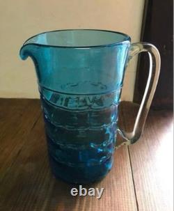 Carafe en verre bleu vintage 27 cm, pichet à eau, vase à fleurs