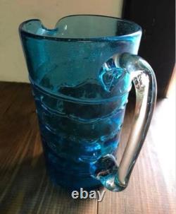 Carafe en verre bleu vintage 27 cm, pichet à eau, vase à fleurs