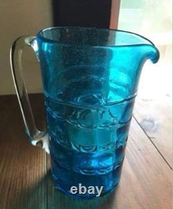 Carafe en verre bleu vintage 27 cm, pichet à eau, vase à fleurs