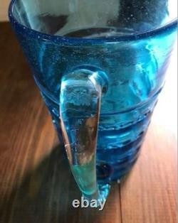 Carafe en verre bleu vintage 27 cm, pichet à eau, vase à fleurs