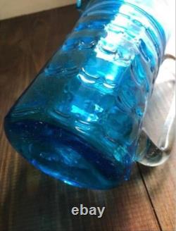 Carafe en verre bleu vintage 27 cm, pichet à eau, vase à fleurs