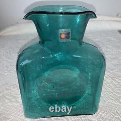 Carafe en verre d'art turquoise vif et vert émeraude à double bec verseur fait main de Blenko