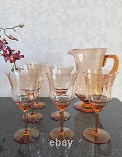 Carafe / pichet en verre Fostoria Seville avec motif gravé ambre et ensemble de 6 gobelets à eau