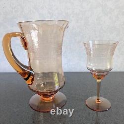 Carafe / pichet en verre Fostoria Seville avec motif gravé ambre et ensemble de 6 gobelets à eau