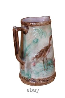 Crémier en Majolique Antique Héron Grue Cigogne Oiseau Nénuphar 6,5