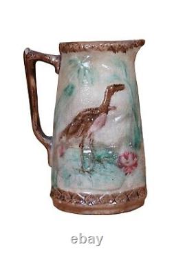 Crémier en Majolique Antique Héron Grue Cigogne Oiseau Nénuphar 6,5