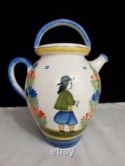 Cruche à eau antique HR Quimper 1895-1922 en poterie peinte à la main.