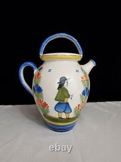 Cruche à eau antique HR Quimper 1895-1922 en poterie peinte à la main.