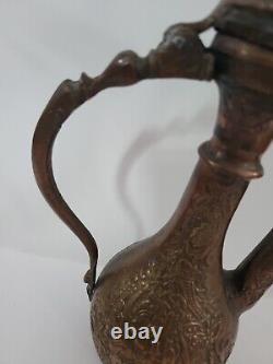 Cruche d'eau en cuivre antique islamique persane, pot à café, broc gravée