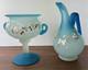 Ensemble Compotier Cruchon Jarre Ewer Fleurs Persan En Verre Satiné Émaillé Bleu Vintage