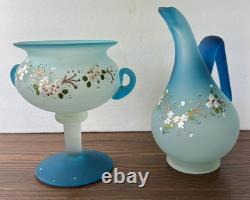 ENSEMBLE Compotier Cruchon Jarre Ewer Fleurs Persan en Verre Satiné Émaillé Bleu Vintage