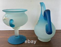 ENSEMBLE Compotier Cruchon Jarre Ewer Fleurs Persan en Verre Satiné Émaillé Bleu Vintage
