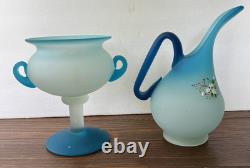 ENSEMBLE Compotier Cruchon Jarre Ewer Fleurs Persan en Verre Satiné Émaillé Bleu Vintage
