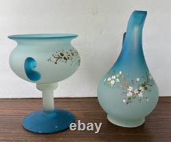 ENSEMBLE Compotier Cruchon Jarre Ewer Fleurs Persan en Verre Satiné Émaillé Bleu Vintage