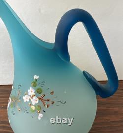 ENSEMBLE Compotier Cruchon Jarre Ewer Fleurs Persan en Verre Satiné Émaillé Bleu Vintage