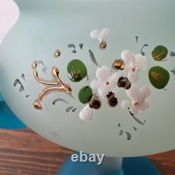 ENSEMBLE Compotier Cruchon Jarre Ewer Fleurs Persan en Verre Satiné Émaillé Bleu Vintage
