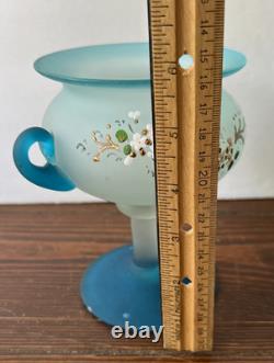 ENSEMBLE Compotier Cruchon Jarre Ewer Fleurs Persan en Verre Satiné Émaillé Bleu Vintage
