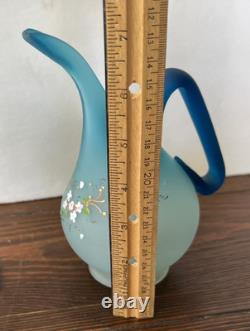 ENSEMBLE Compotier Cruchon Jarre Ewer Fleurs Persan en Verre Satiné Émaillé Bleu Vintage