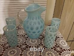 Fenton Bleu Opalescent Coin Dot 5 Pièces Ensemble D'eau Avec Grand Lip De Glace Jug Pitcher