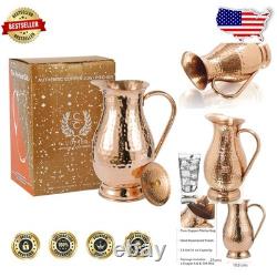 Grand Pichet en Cuivre Pur Martelé de 70oz avec Couvercle, Cruche à Eau Artisanale