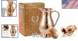 Grand Pichet en Cuivre Pur Martelé de 70oz avec Couvercle, Cruche à Eau Artisanale