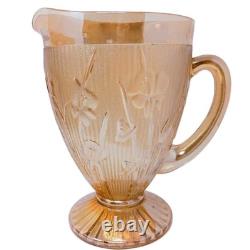 Grand pichet en verre pressé irisé Art Déco de carnaval 22 cm floral pour l'eau