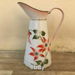 Jarre en émail vintage français blanche avec fleurs 2601182